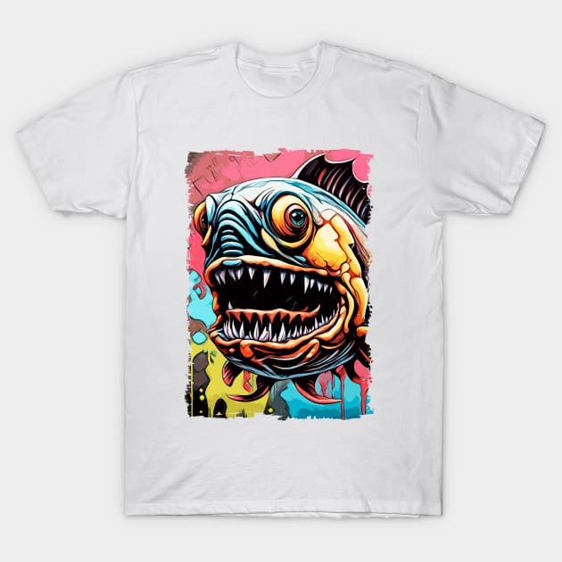 Scary Piranha Amazon River Monster fish Abstract Fantasy Art T-Shirt by Naumovski